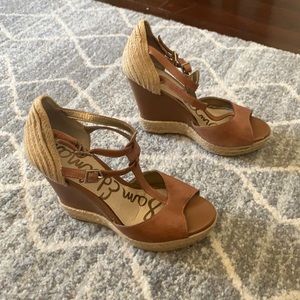 Sam Edelman Katarina platform espadrilles wedges cognac leather size 6 T-strap